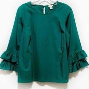 J. Crew 3/4 Ruffle Sleeves Blouse emerald Green Size 4